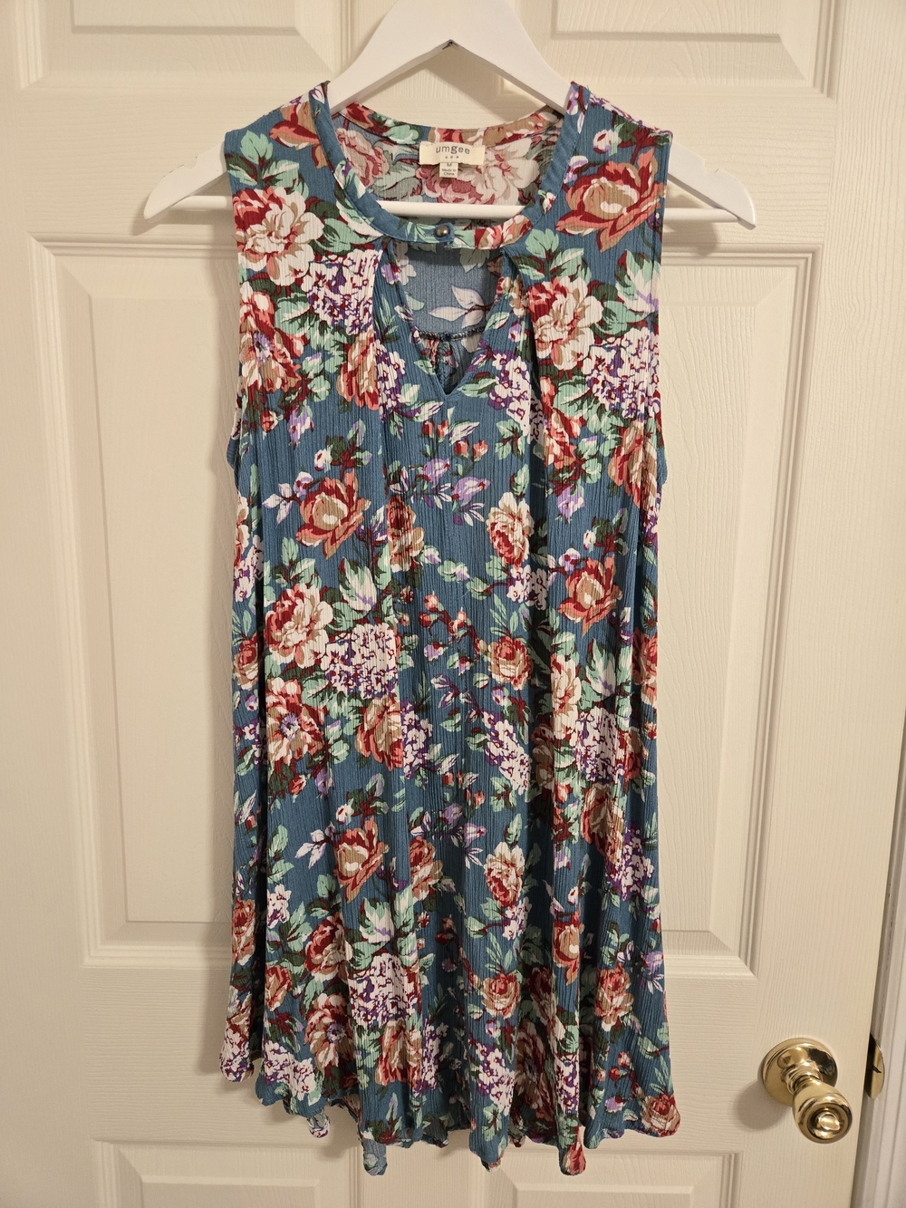 Umgee Teal Blue Floral Button-Neck Sleeveless Short Dress Size Medium